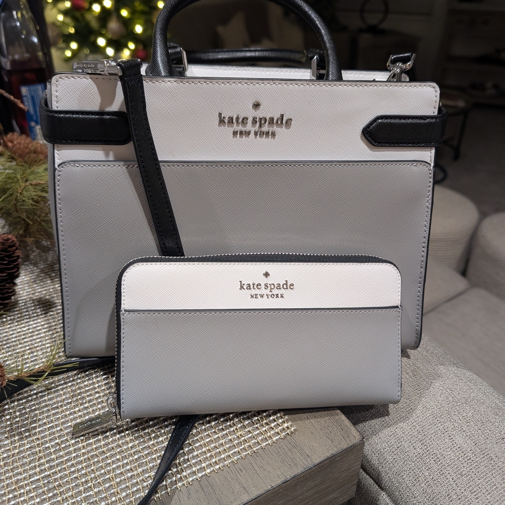 Kate Spade Gray and Black &White Satchel with Wallet